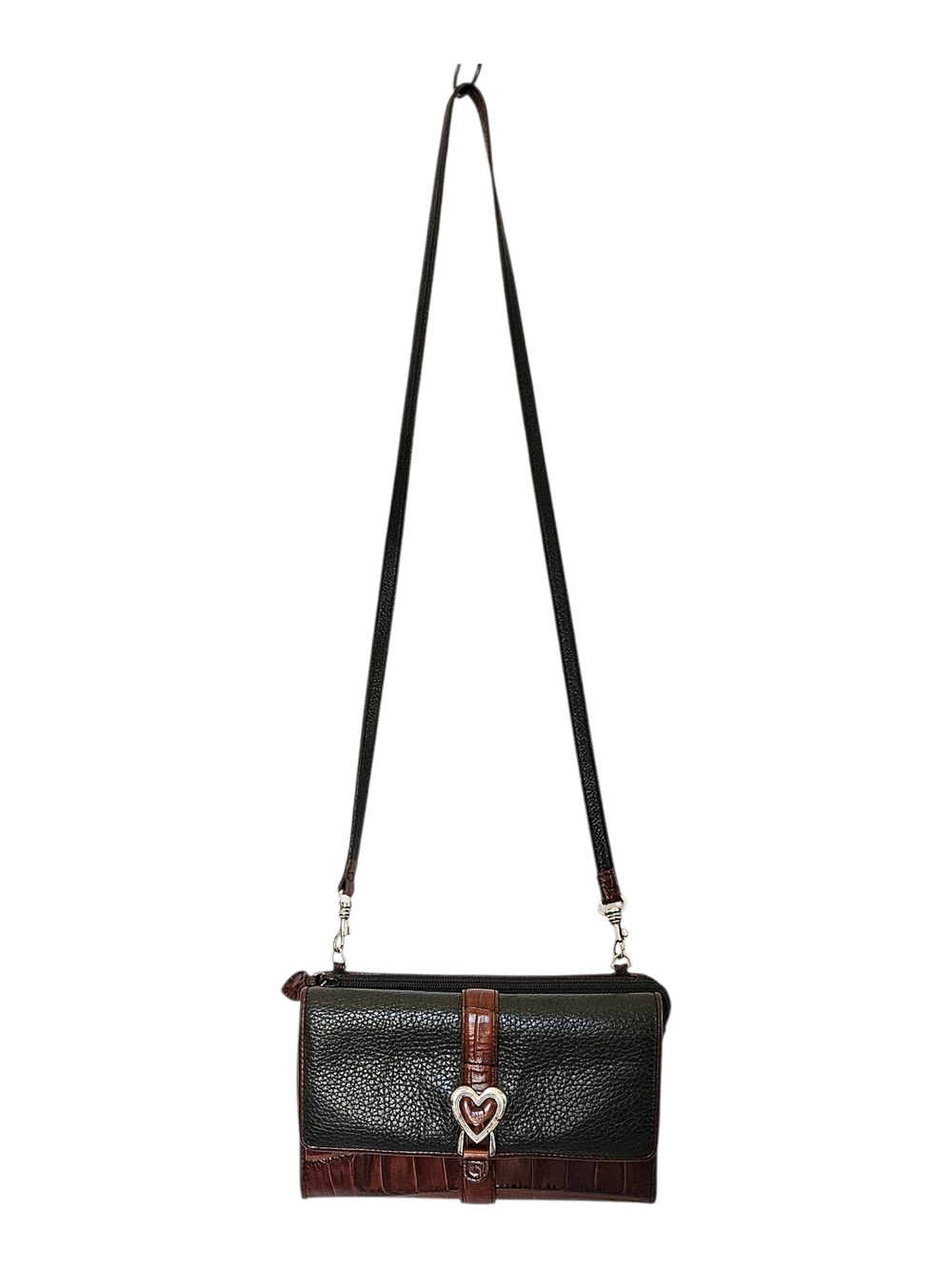 Brighton Handbag Crossbody 2-Tone Brown Croc Embossed Black Leather Silver Heart
